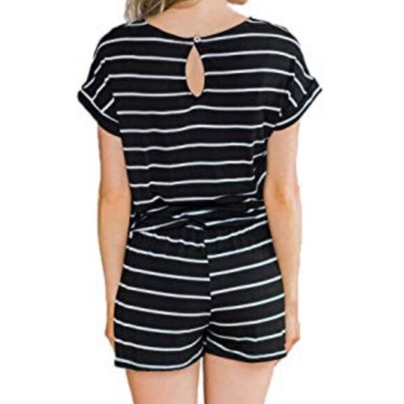 Ealey Fushi Striped Tie Waist Casual Winter Vacation Romper Black White Small - Picture 2 of 14